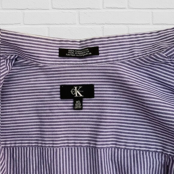 Calvin Klein Men’s 16 1/2 Shirt Purple and White Stripes Button Down Long Sleeve - Picture 4 of 5